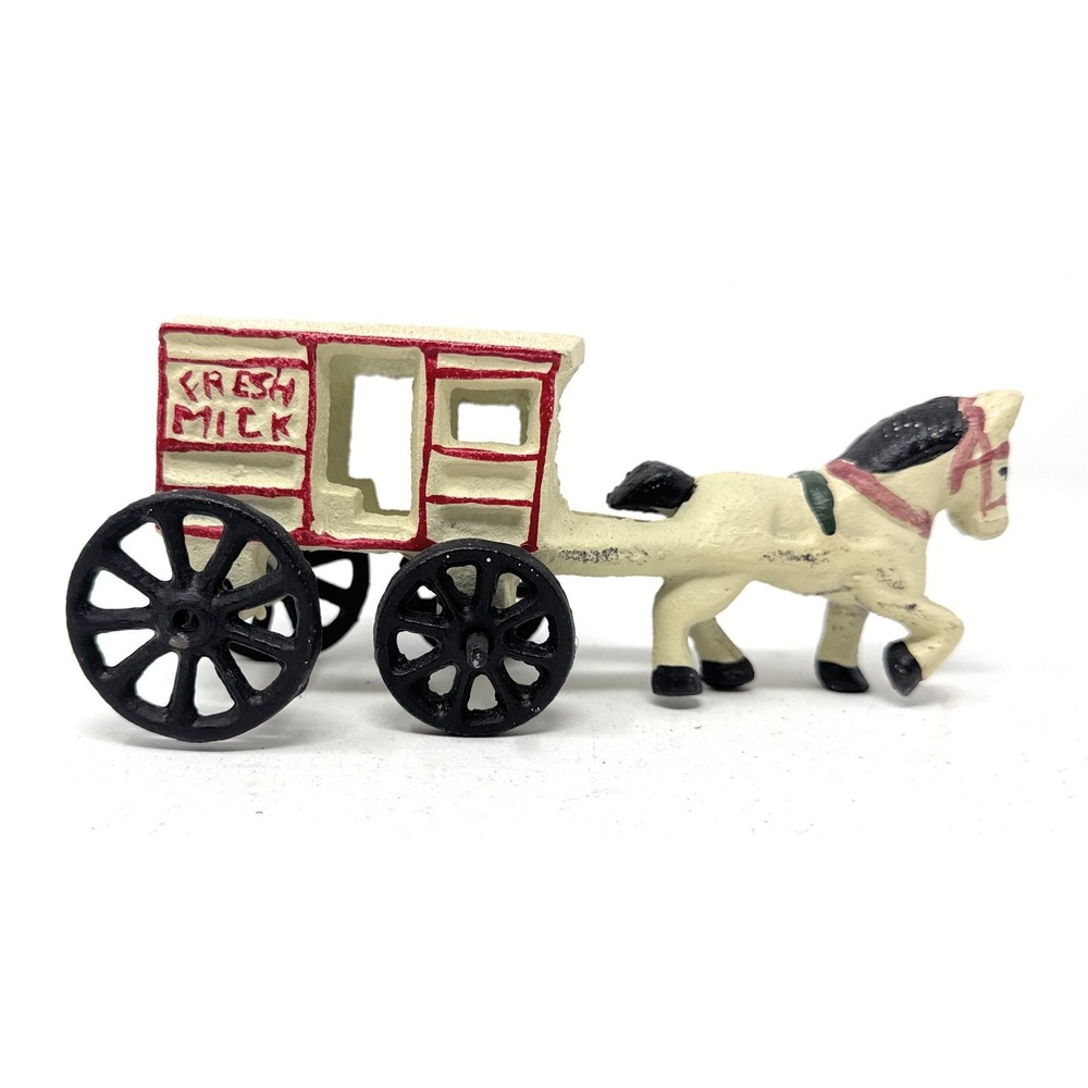 Vintage Cast Iron‎ Horse Drawn Wagon Fresh Milk Carriage 7"